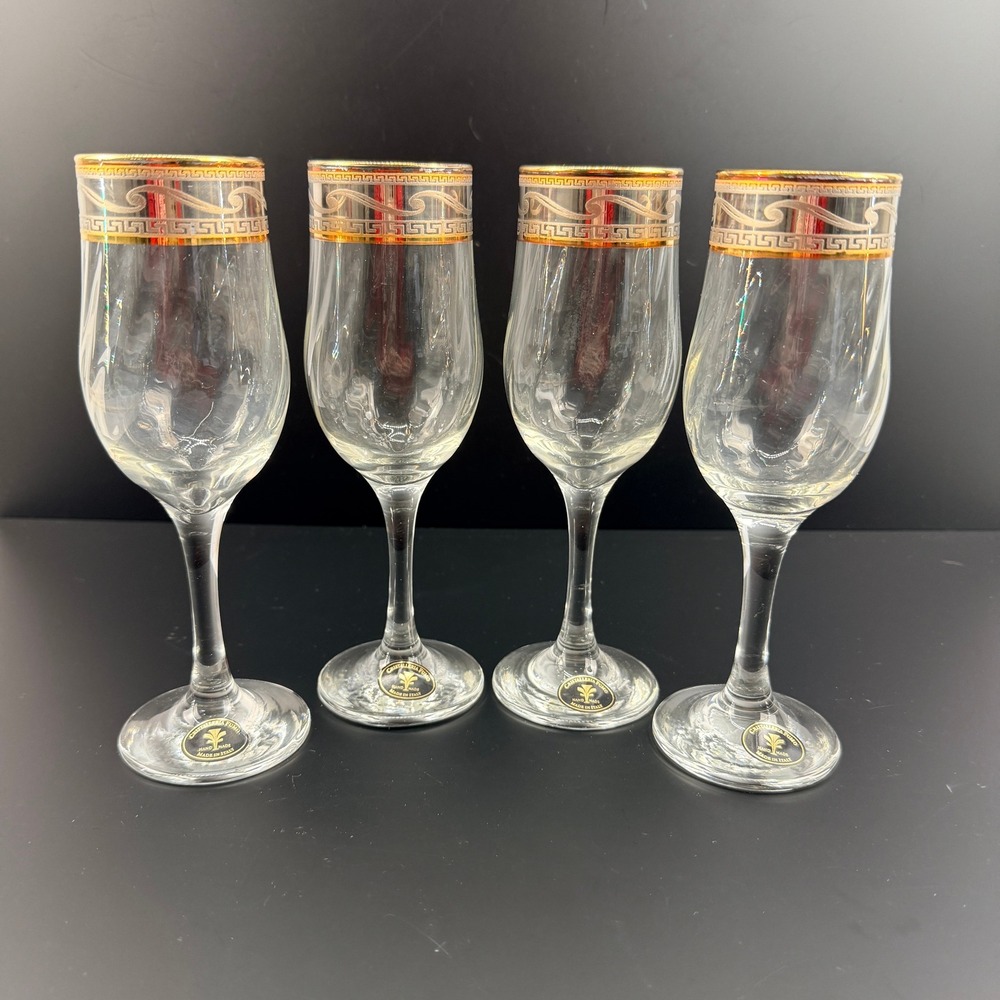 Cristalleria Fumo Italy Wine Glasses Set of 4 Gold Silver Greek Key Rim 7.5"